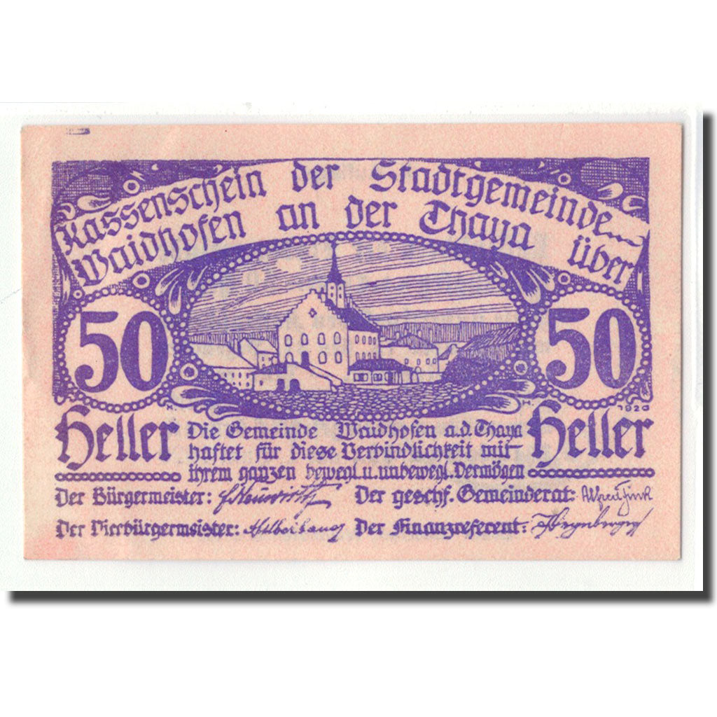 Billet, Autriche, Waidhofen an der Thaya, 50 Heller, Texte, 1920, 1920-06-01