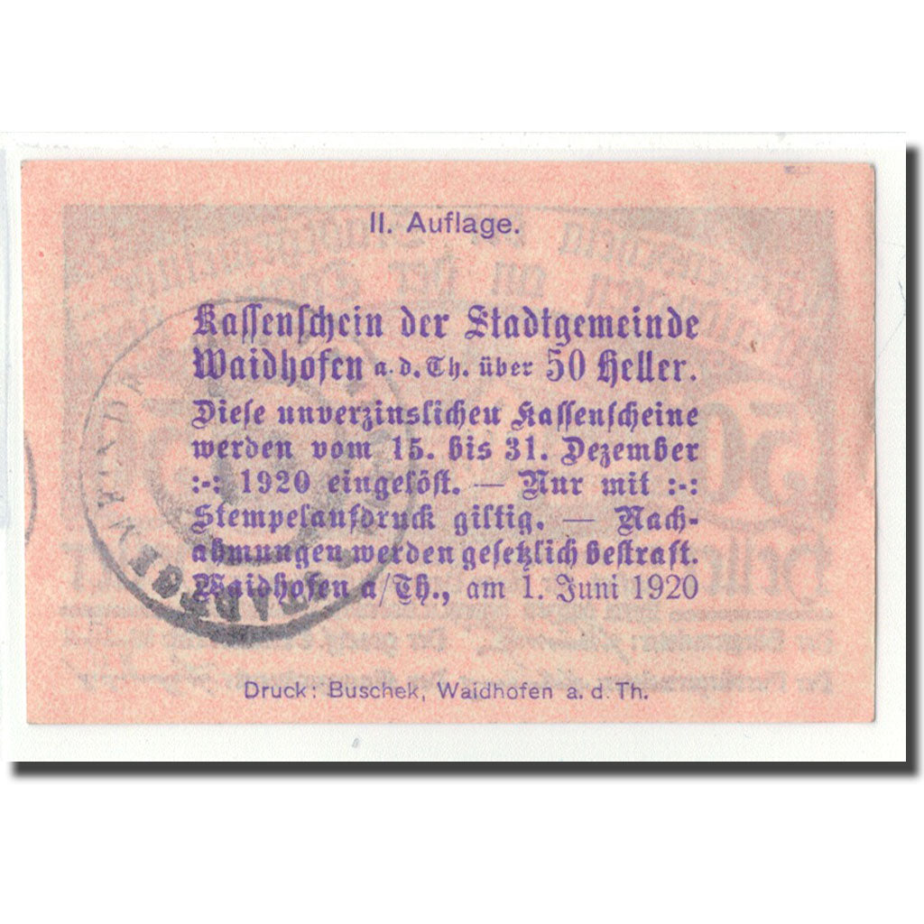 Billet, Autriche, Waidhofen an der Thaya, 50 Heller, Texte, 1920, 1920-06-01
