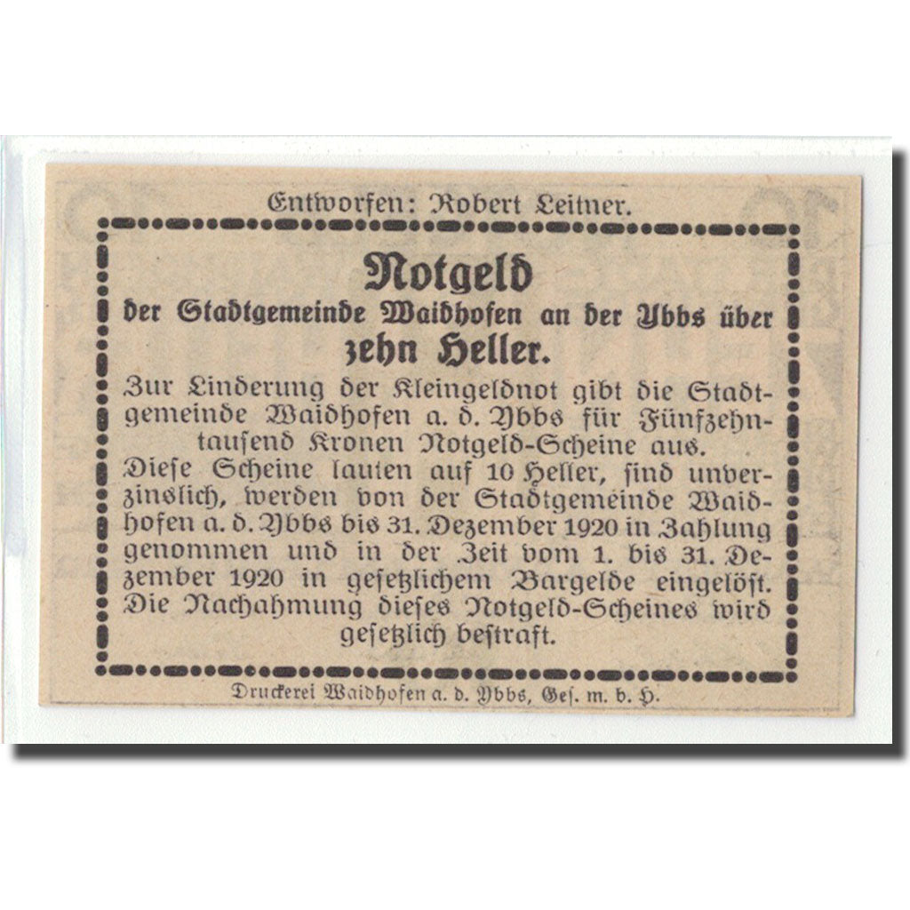 Billet, Autriche, Waidhofen an der Ybbs, 10 Heller, Texte  5, 1920, 1920-05-01