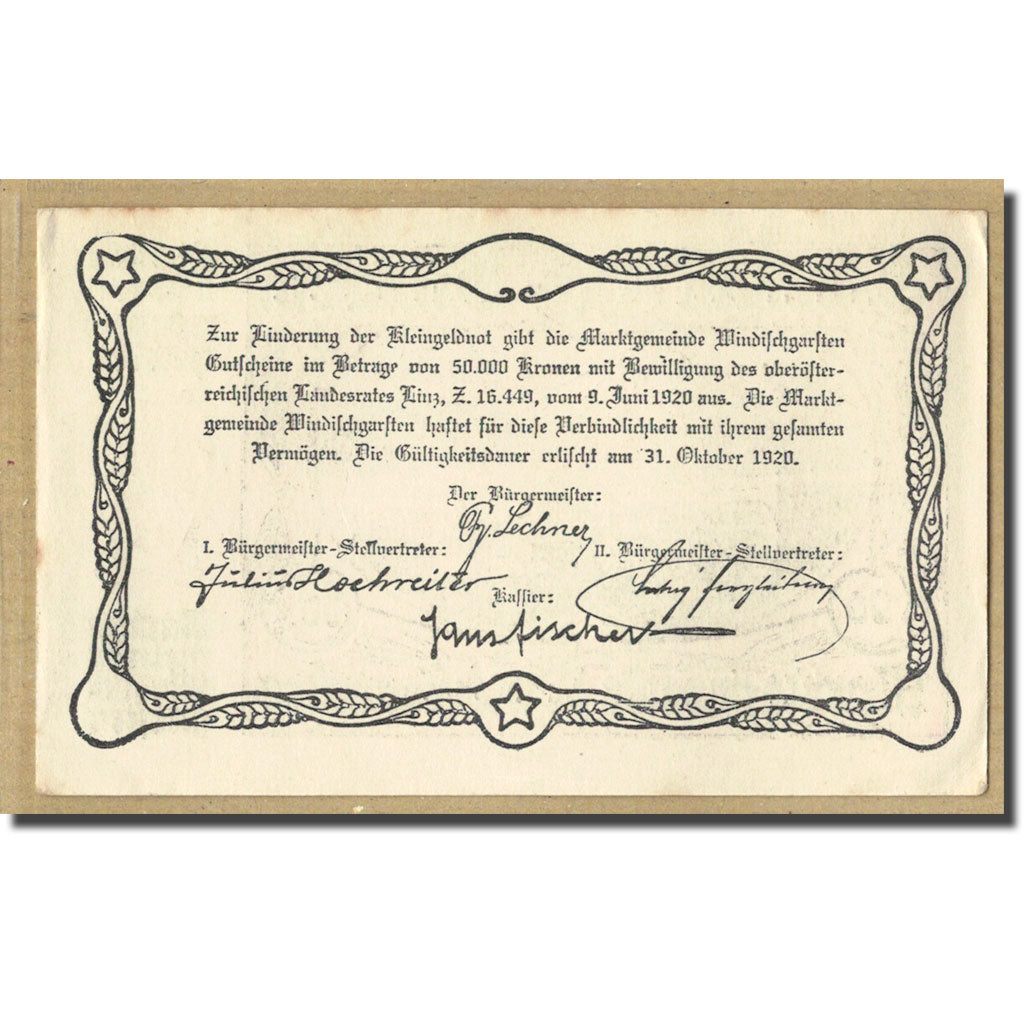 Biljet, Oostenrijk, Windischgarsten, 90 Heller, Texte 3, 1920, 1920-06-09, SPL
