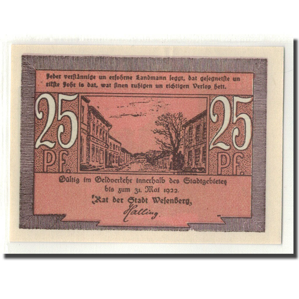 Banconote, Germania, Wesenberg, 25 Pfennig, rue, 1922, SPL, Mehl:1410.2
