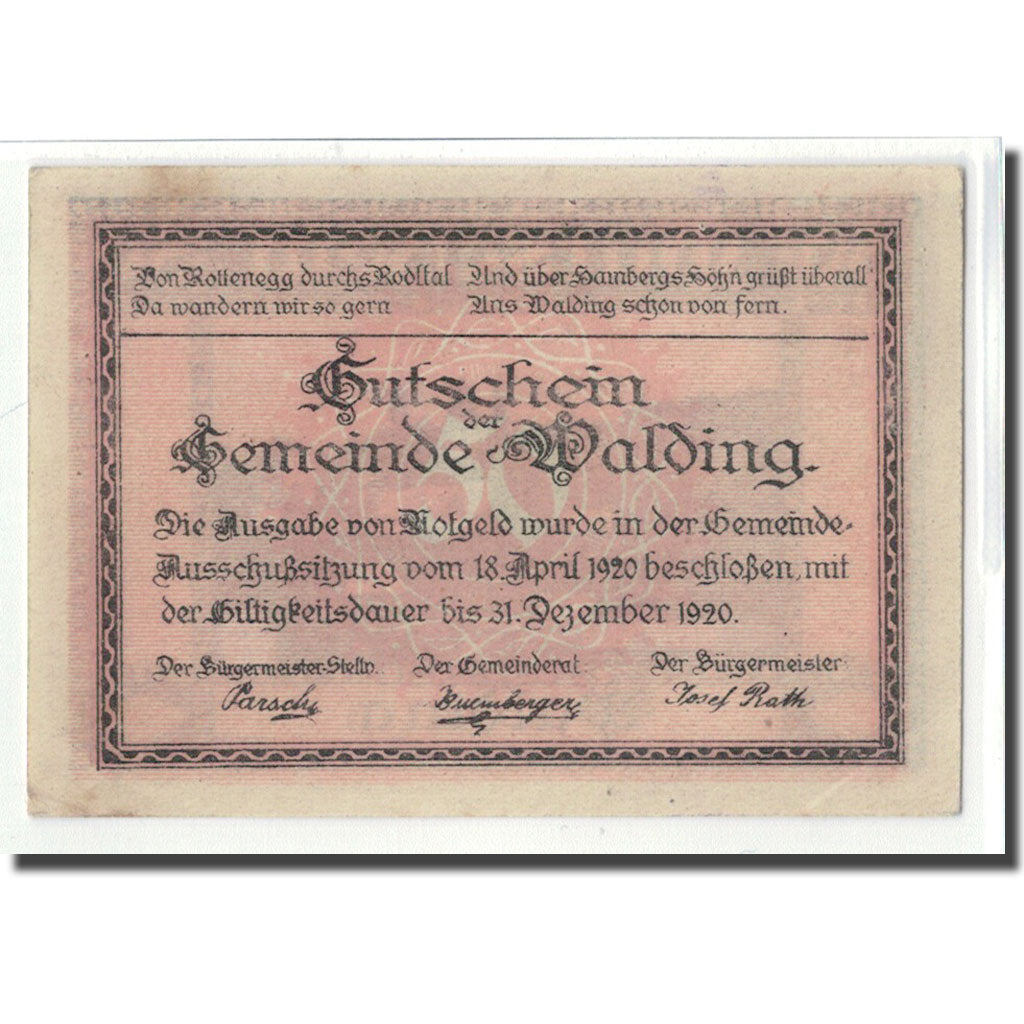 Banconote, Austria, Walding, 50 Heller, paysage 2, 1920, 1920-04-18, SPL