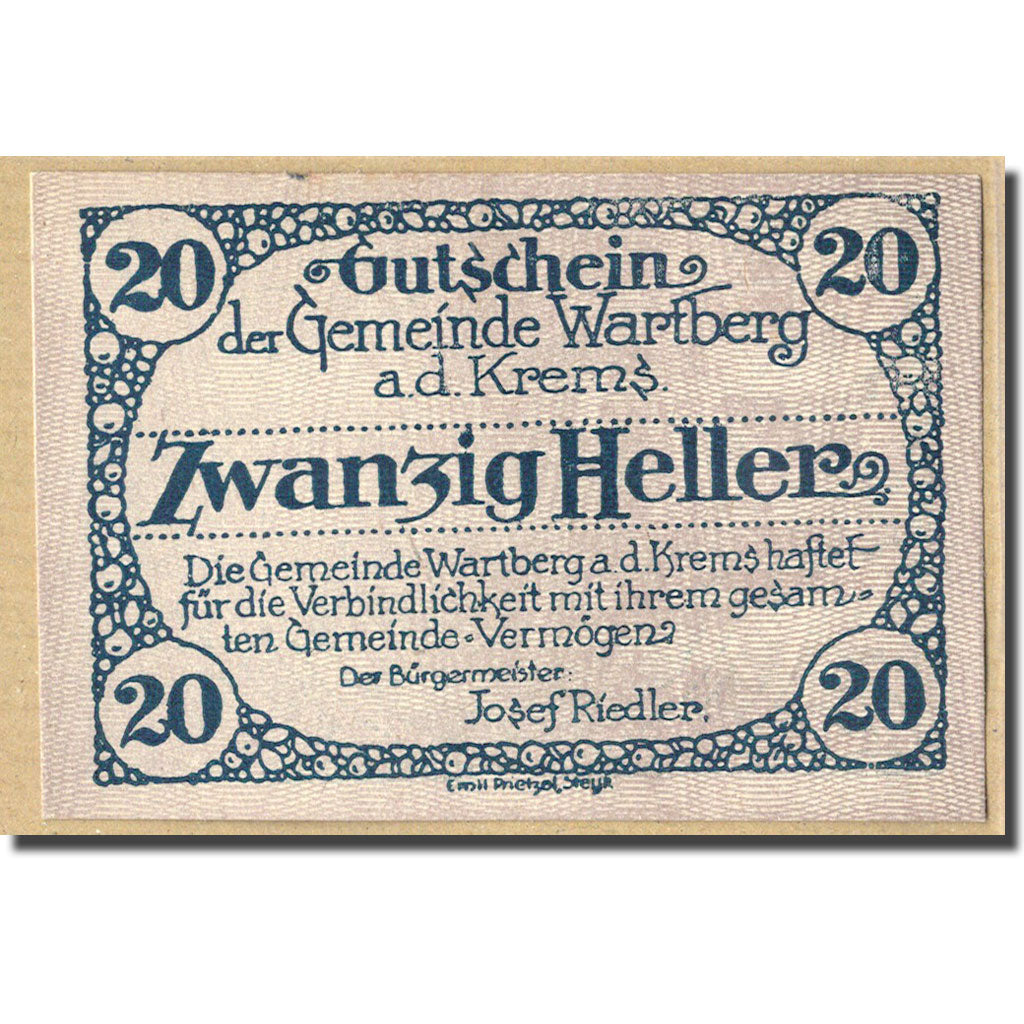 Billet, Autriche, Wartberg, 20 Heller, Batiment, 1921, SPL, Mehl:1141a