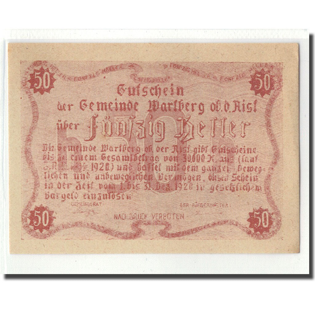 Banconote, Austria, Wartberg, 50 Heller, texte 1, 1920, 1920-04-24, SPL