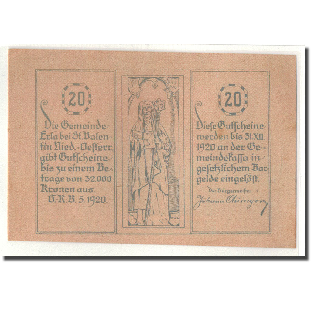 Billet, Autriche, Erla, 20 Heller, village 1, 1920, SPL, Mehl:180c1