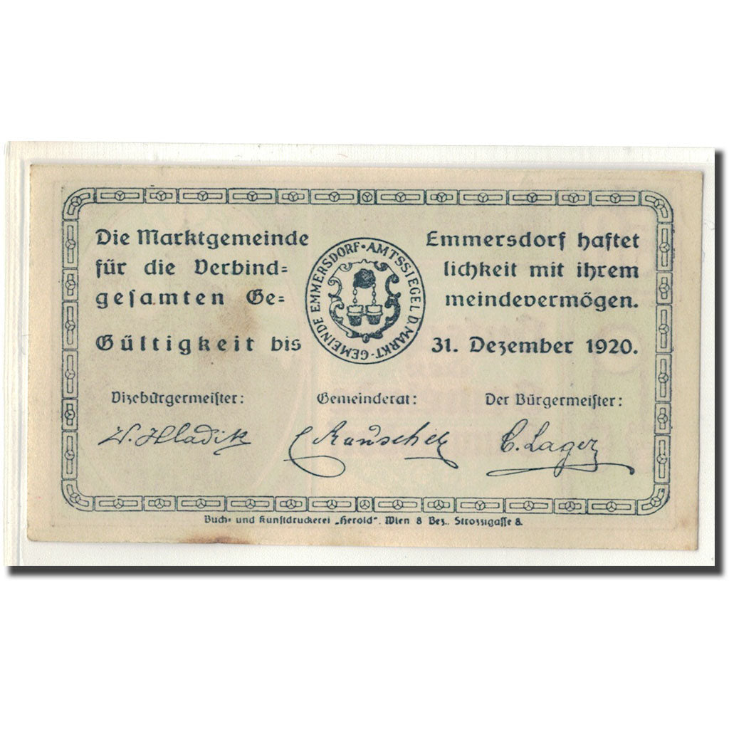 Banknote, Austria, Emmersdorf N.Ö. Gemeinde, 50 Heller, Texte, 1920, UNC(63)