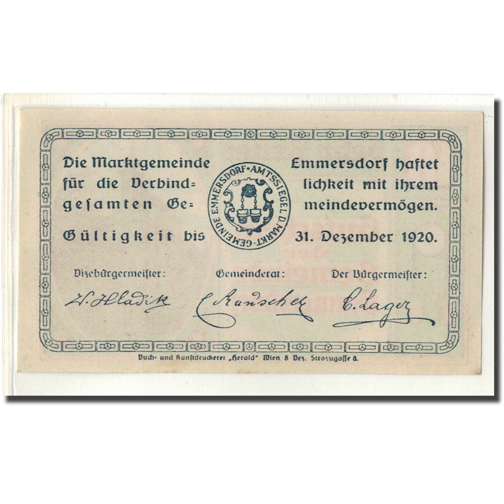 Banknote, Austria, Emmersdorf N.Ö. Gemeinde, 10 Heller, texte 1, 1920, UNC(63)