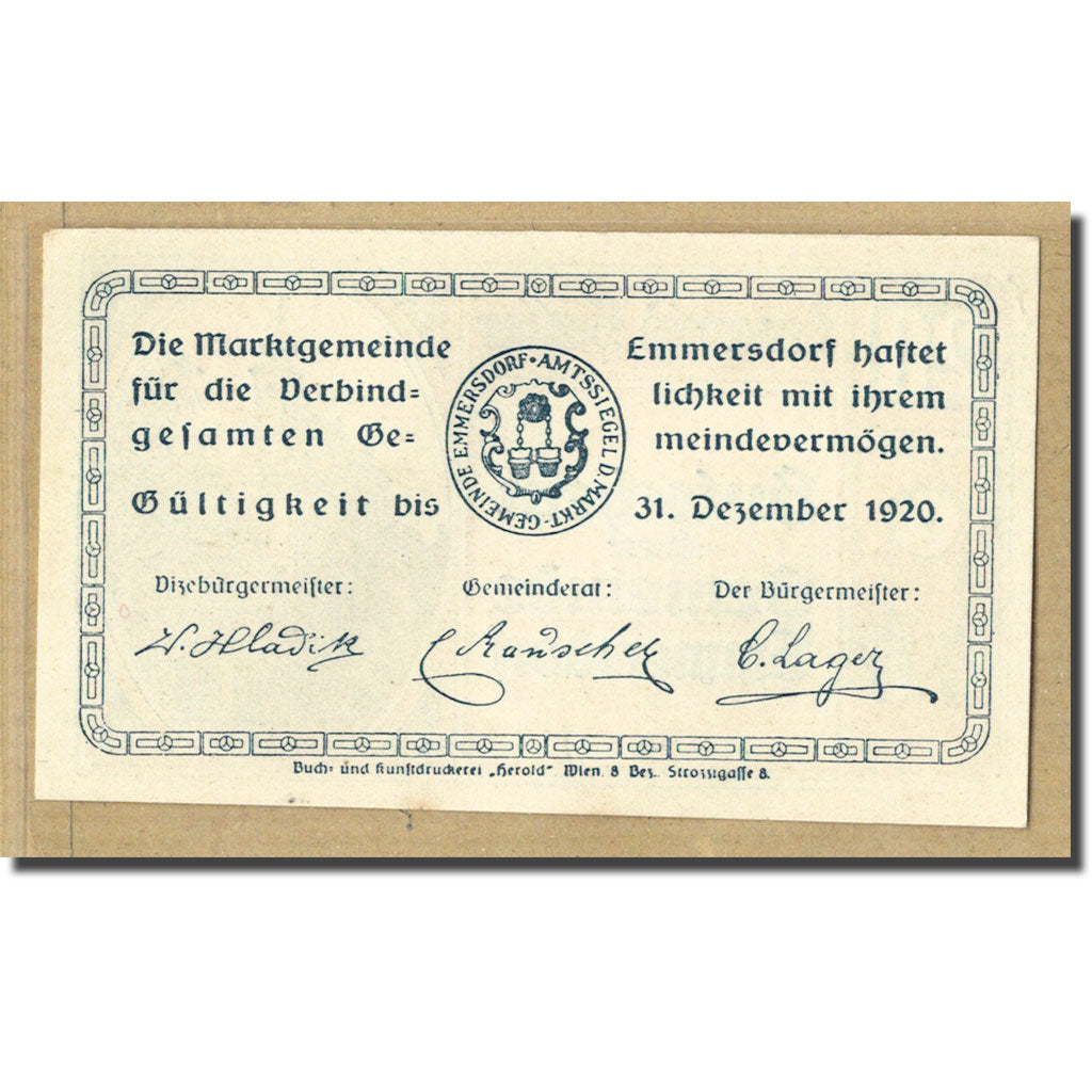 Biljet, Oostenrijk, Emmersdorf N.Ö. Gemeinde, 20 Heller, Texte 2, 1920, SPL