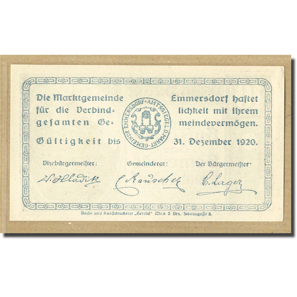 Banknote, Austria, Emmersdorf N.Ö. Gemeinde, 10 Heller, Texte 3, 1920, UNC(63)
