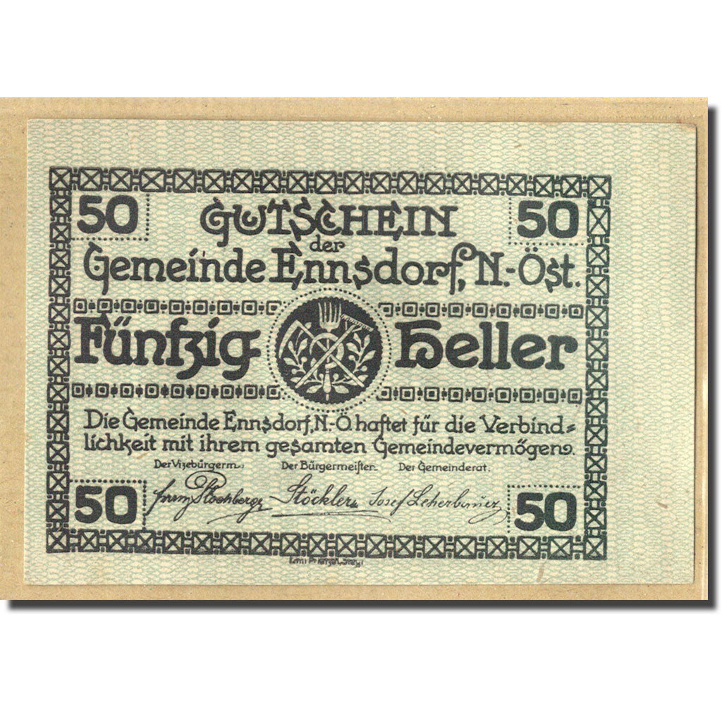 Banknote, Austria, Ennsdorf N.Ö. Gemeinde, 50 Heller, paysage 1, 1920, UNC(63)