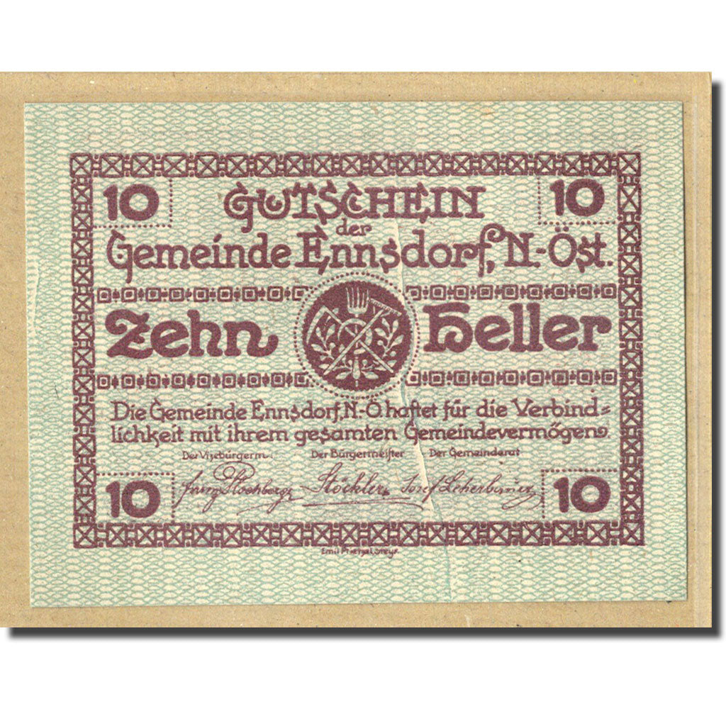 Biljet, Oostenrijk, Ennsdorf N.Ö. Gemeinde, 10 Heller, paysage 2, 1920, SPL