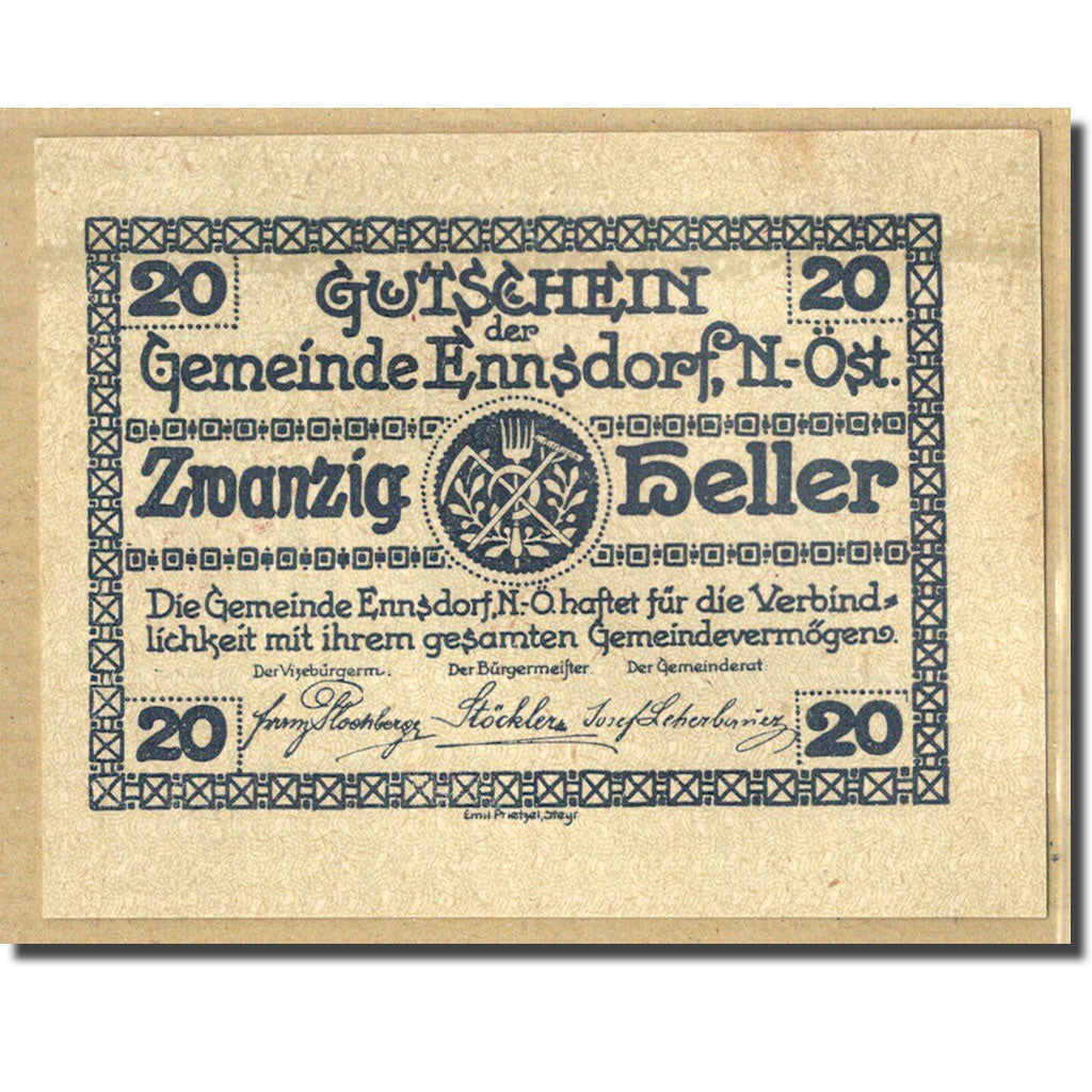 Biljet, Oostenrijk, Ennsdorf N.Ö. Gemeinde, 20 Heller, paysage 3, 1920, SPL