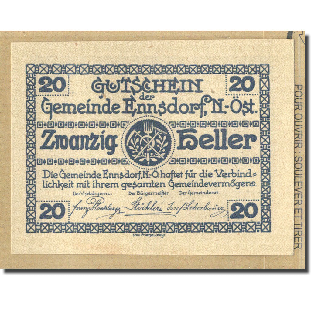 Billete, Austria, Ennsdorf N.Ö. Gemeinde, 20 Heller, paysage 5, 1920, SC