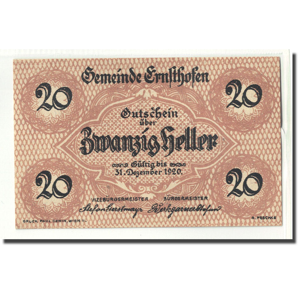 Banconote, Austria, Ernsthofen, 20 Heller, Eglise 1, 1920, SPL, Mehl:184a