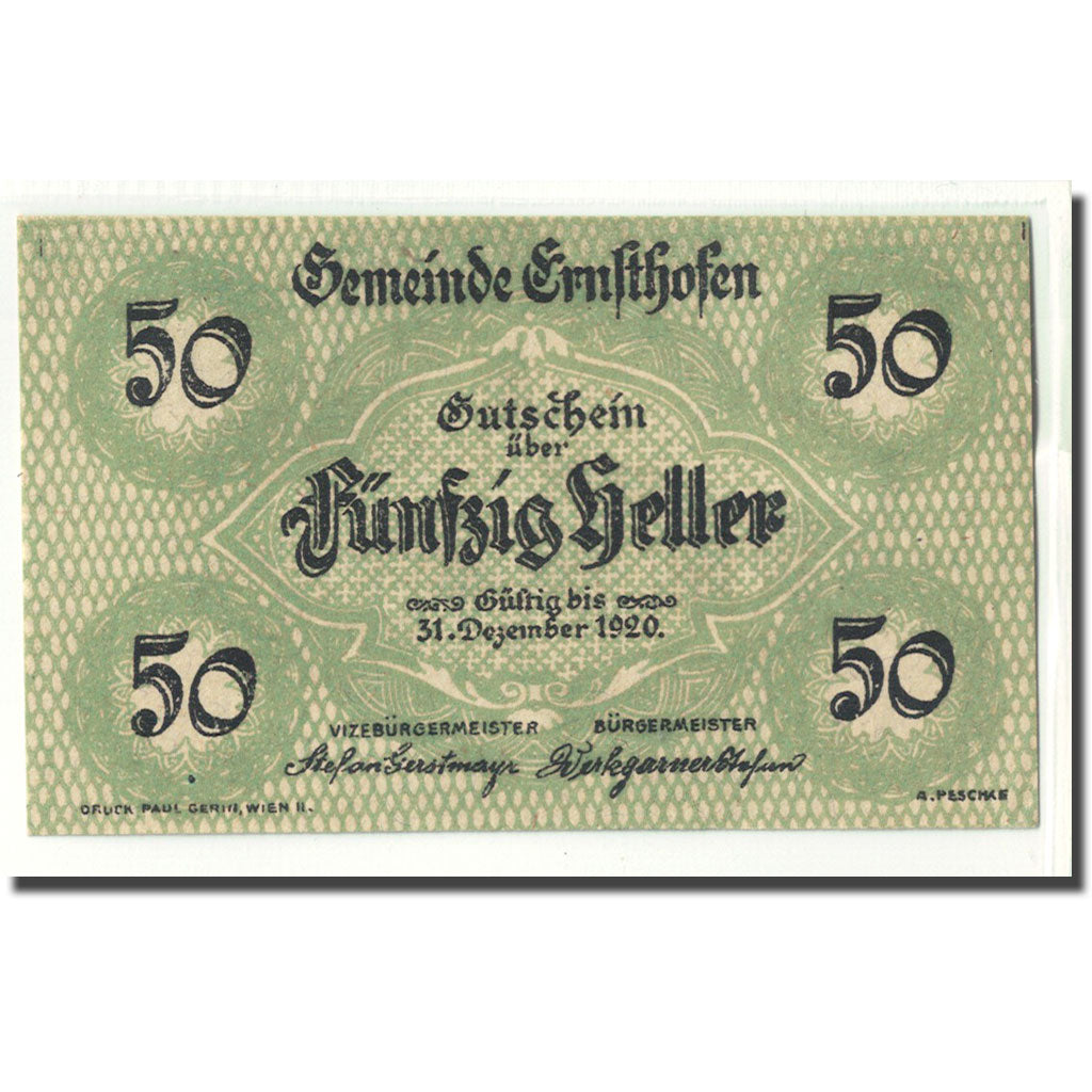 Banknote, Austria, Ernsthofen, 50 Heller, eglise 2, 1920, UNC(63), Mehl:184a