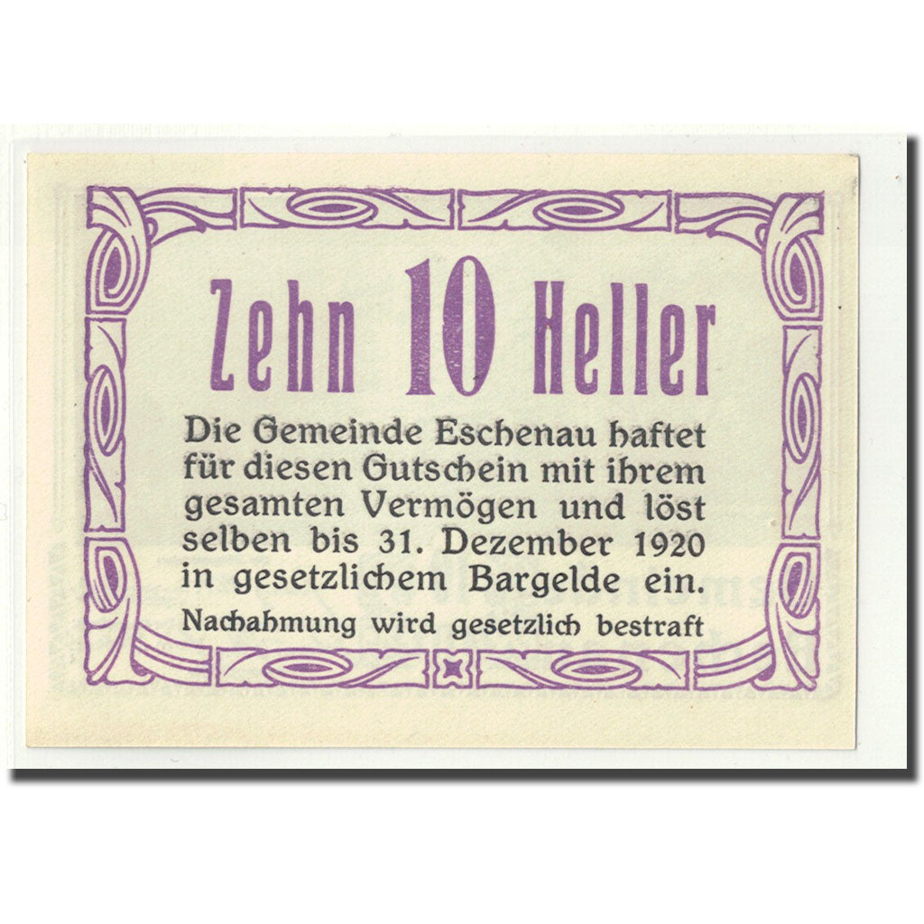 Banknote, Austria, Eschenau, 10 Heller, Texte, 1920, UNC(63), Mehl:186c