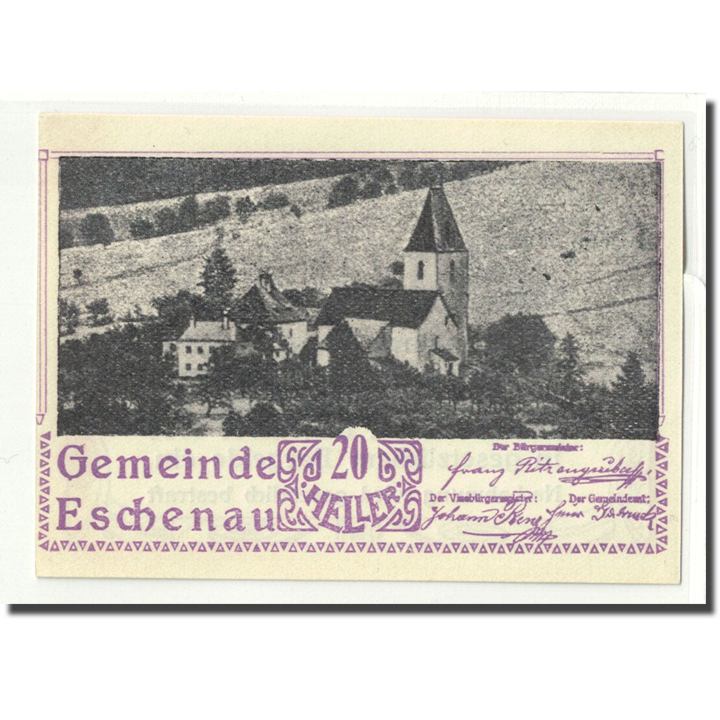 Nota, Áustria, Eschenau, 20 Heller, texte 1, 1920, UNC(63), Mehl:186c