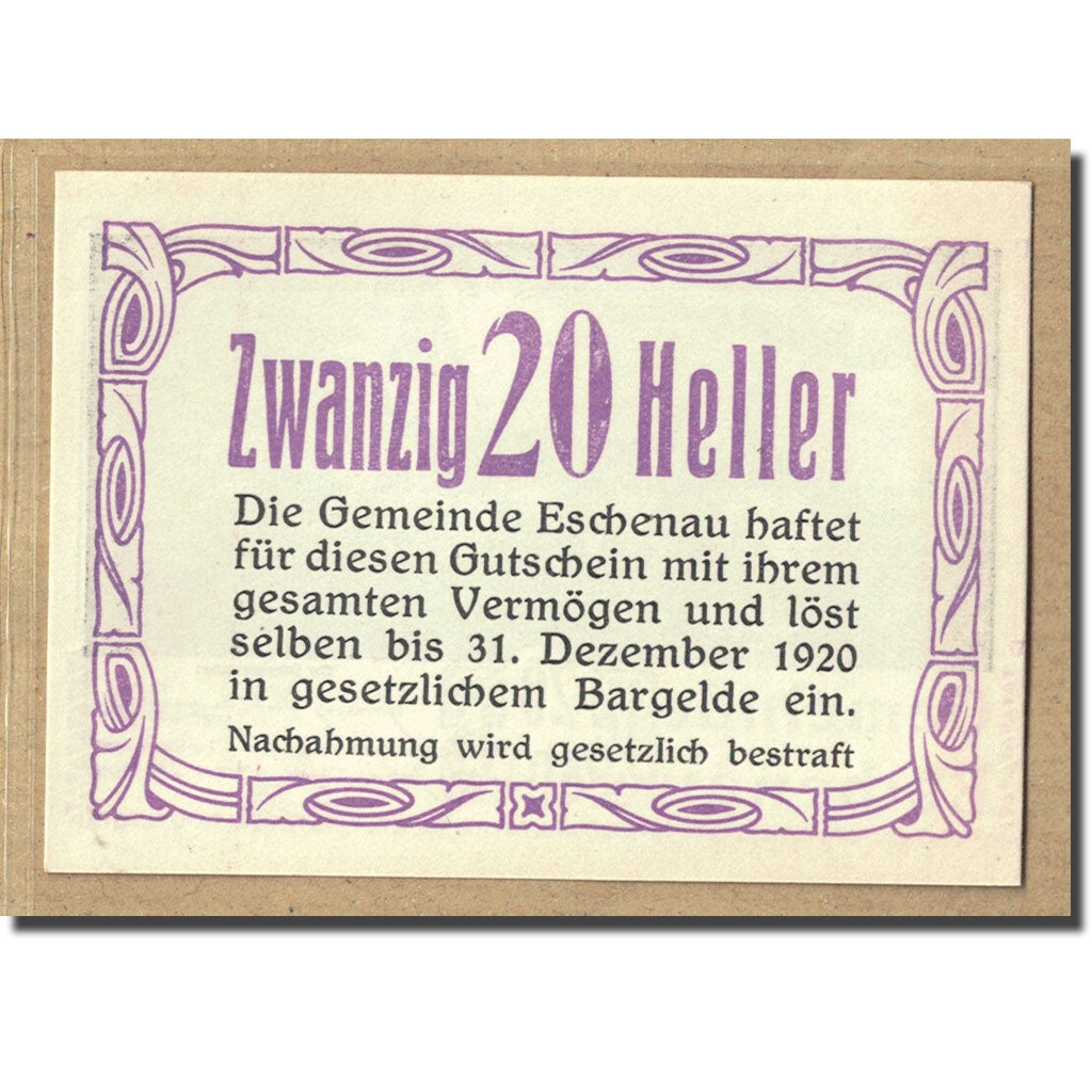 Nota, Áustria, Eschenau, 20 Heller, texte 1, 1920, UNC(63), Mehl:186c