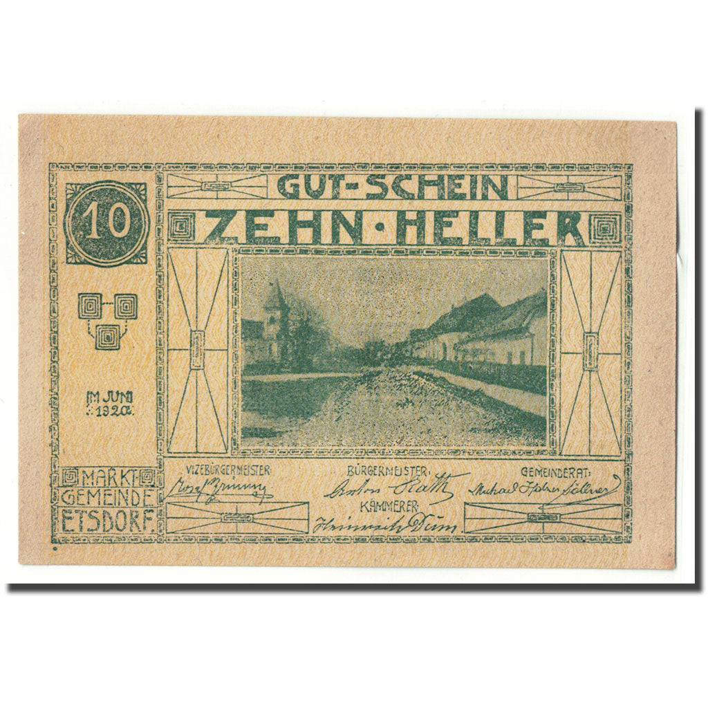 Banknote, Austria, Etsdorf N.Ö. Gemeinde, 10 Heller, Texte, 1920, UNC(63)