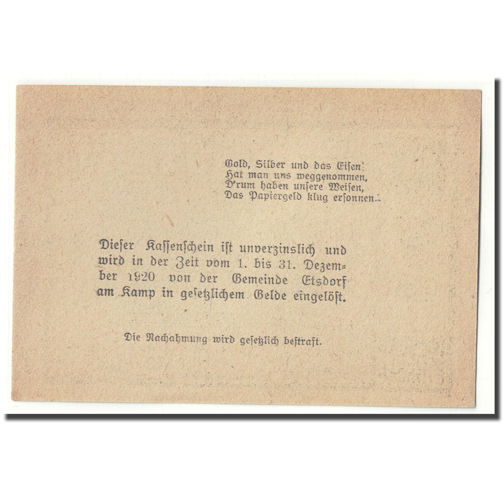 Banknote, Austria, Etsdorf N.Ö. Gemeinde, 10 Heller, Texte, 1920, UNC(63)