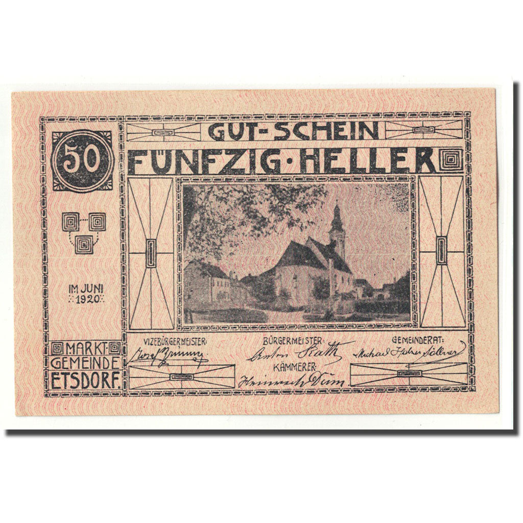 Banknote, Austria, Etsdorf N.Ö. Gemeinde, 50 Heller, texte 1, 1920, UNC(63)