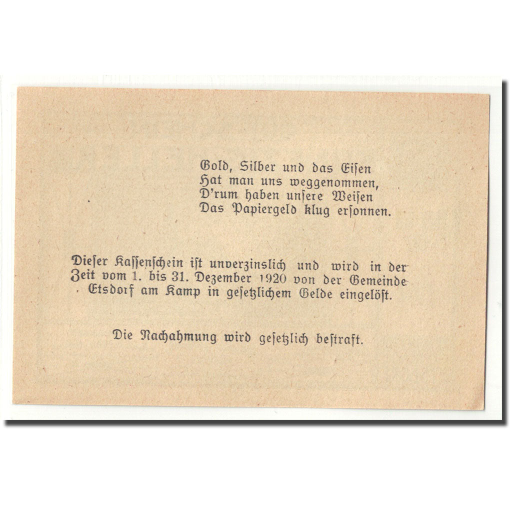 Banknote, Austria, Etsdorf N.Ö. Gemeinde, 50 Heller, texte 1, 1920, UNC(63)
