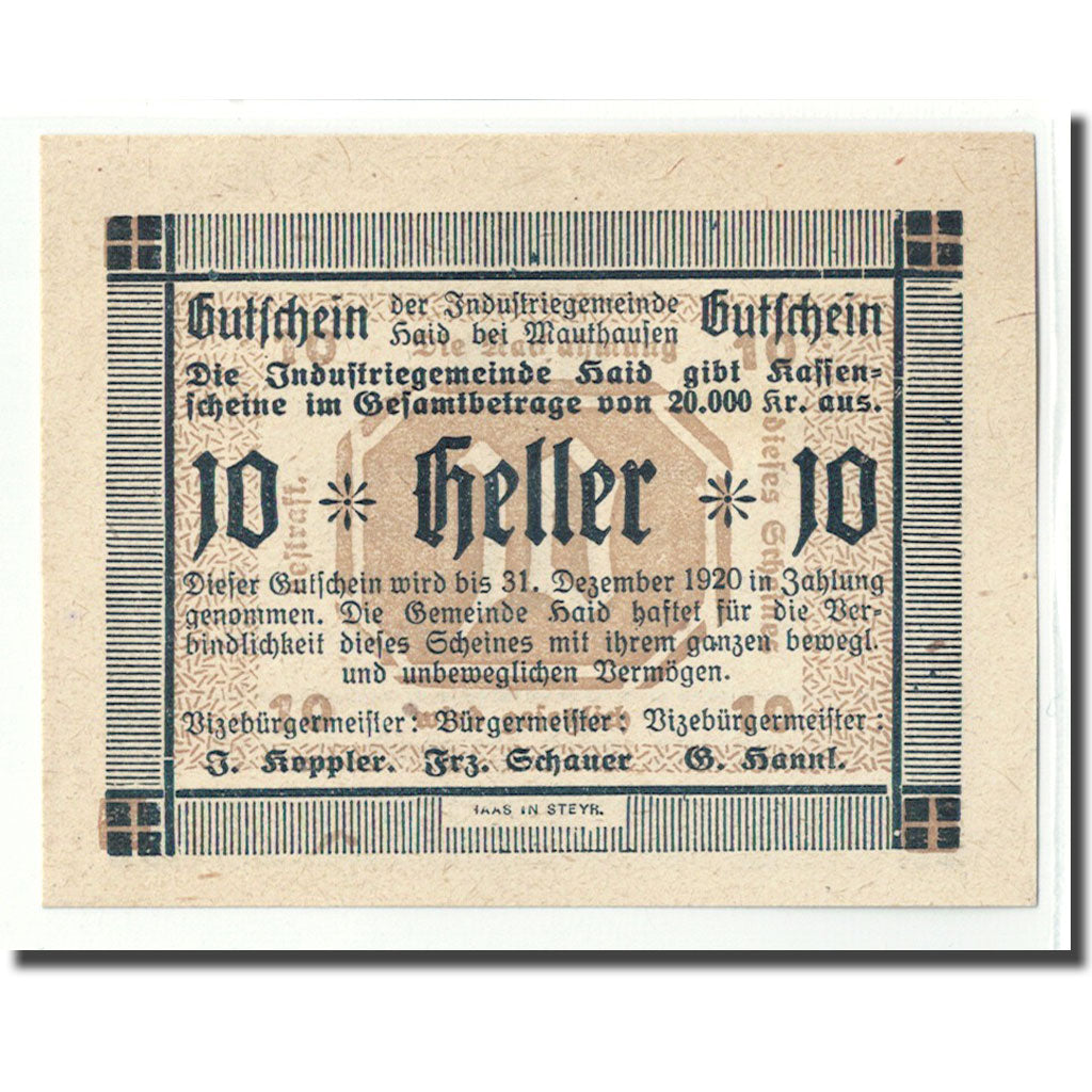 Nota, Áustria, Haid bei Mauthausen O.Ö. Industriegemeinde, 10 Heller, Texte