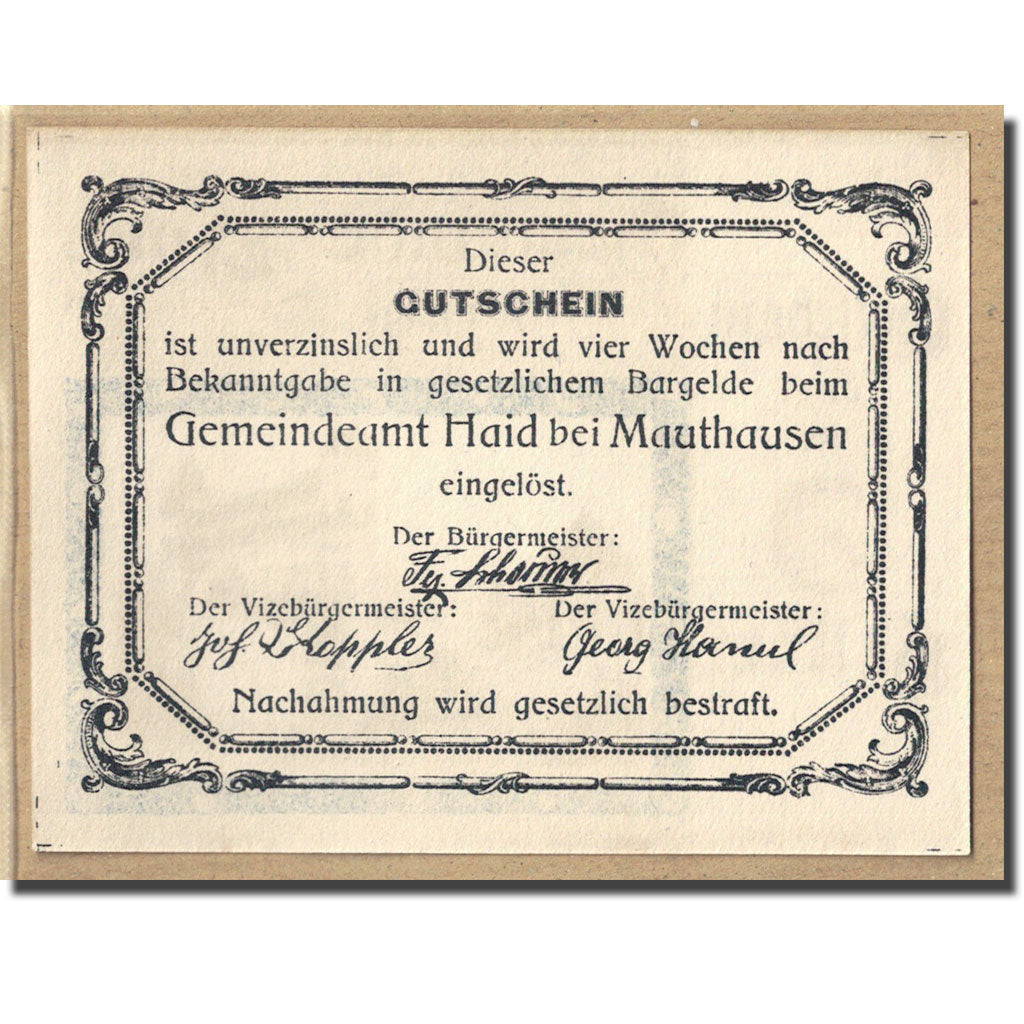Banknote, Austria, Haid bei Mauthausen O.Ö. Industriegemeinde, 5 Heller, Texte