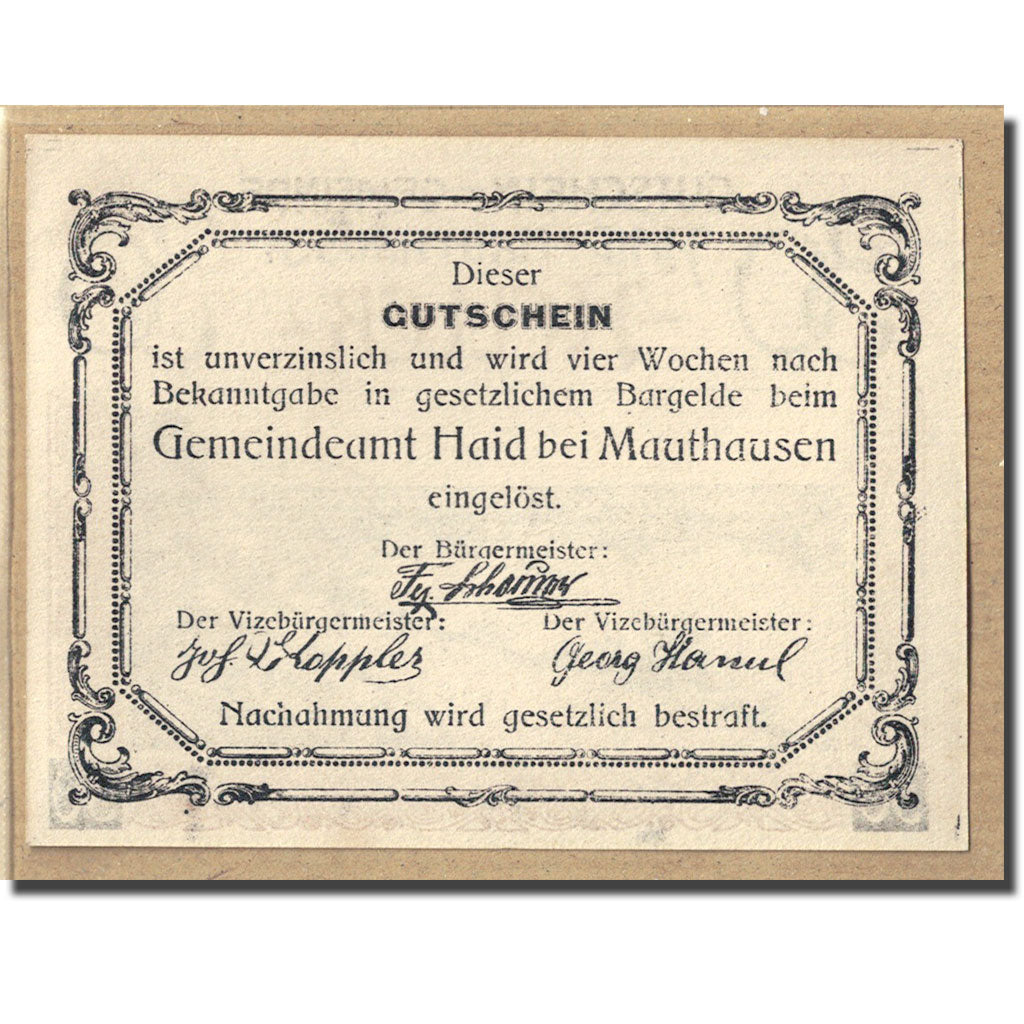 Banknote, Austria, Haid bei Mauthausen O.Ö. Industriegemeinde, 30 Heller, texte
