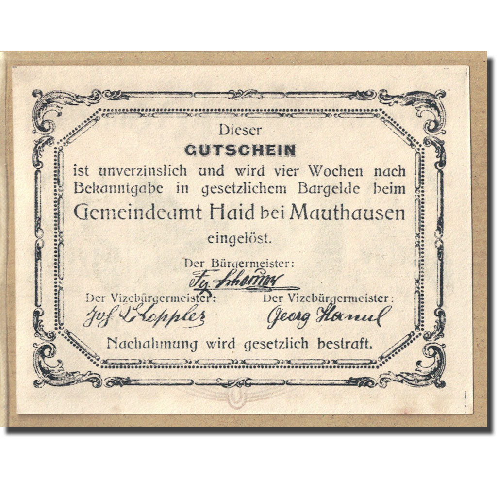 Banknote, Austria, Haid bei Mauthausen O.Ö. Industriegemeinde, 40 Heller, Texte