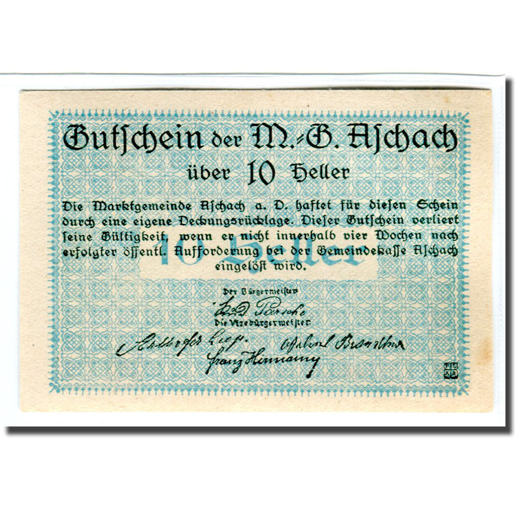 Banknote, Austria, Aschach an der Donau, 10 Heller, Blason, UNC(63)
