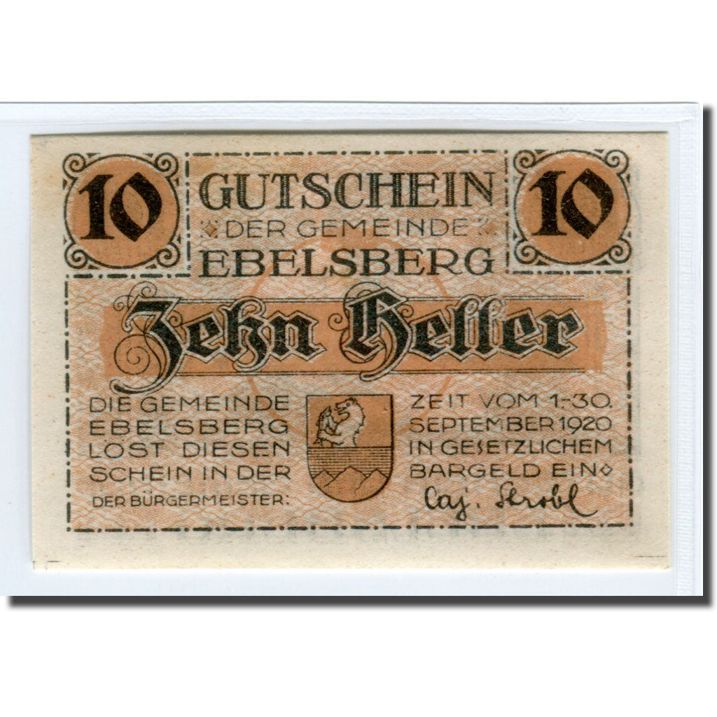 Banknote, Austria, Ebelsberg, 10 Heller, personnage, 1920, UNC(63), Mehl:140Ia