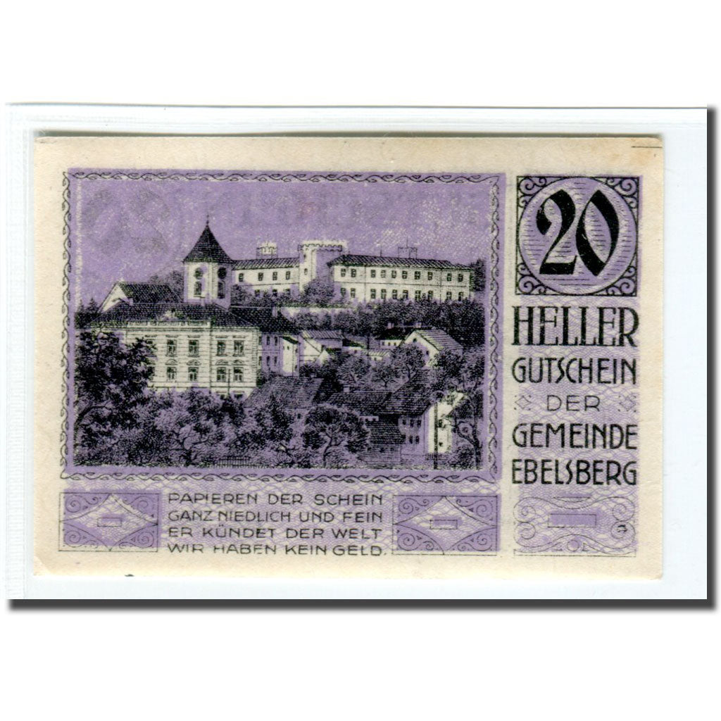 Banknote, Austria, Ebelsberg, 20 Heller, paysage, 1920, UNC(63), Mehl:140Ia