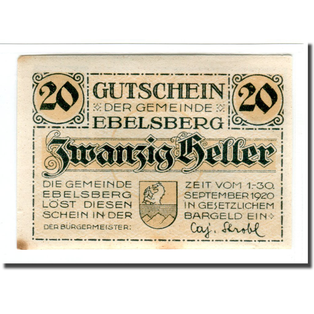 Banknote, Austria, Ebelsberg, 20 Heller, paysage 2, 1920, UNC(63), Mehl:140II