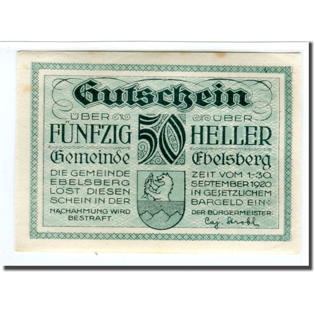 Banknote, Austria, Ebelsberg, 50 Heller, paysage 3, 1920, UNC(63), Mehl:140II