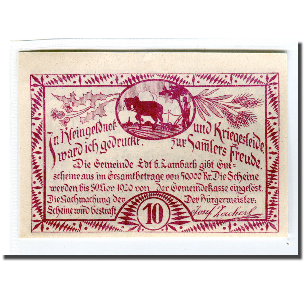Banknote, Austria, EDT Bei Lambach O.Ö. Gemeinde, 10 Heller, cheval, 1920