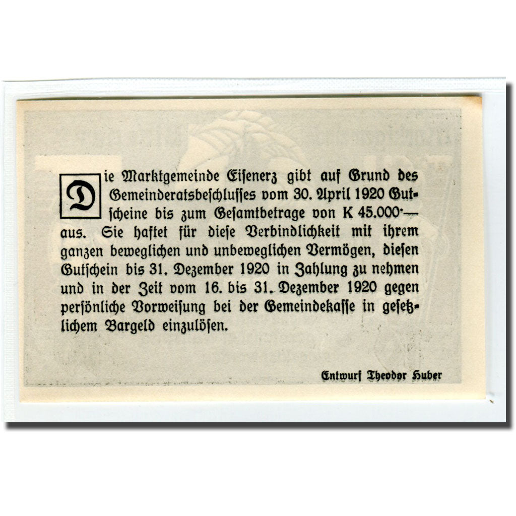Banknote, Austria, Eisenerz, 10 Heller, Texte, 1920, 1920-04-30, UNC(63)