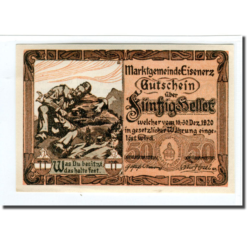 Billet, Autriche, Eisenerz, 50 Heller, texte 1, 1920, 1920-04-30, SPL, Mehl:169