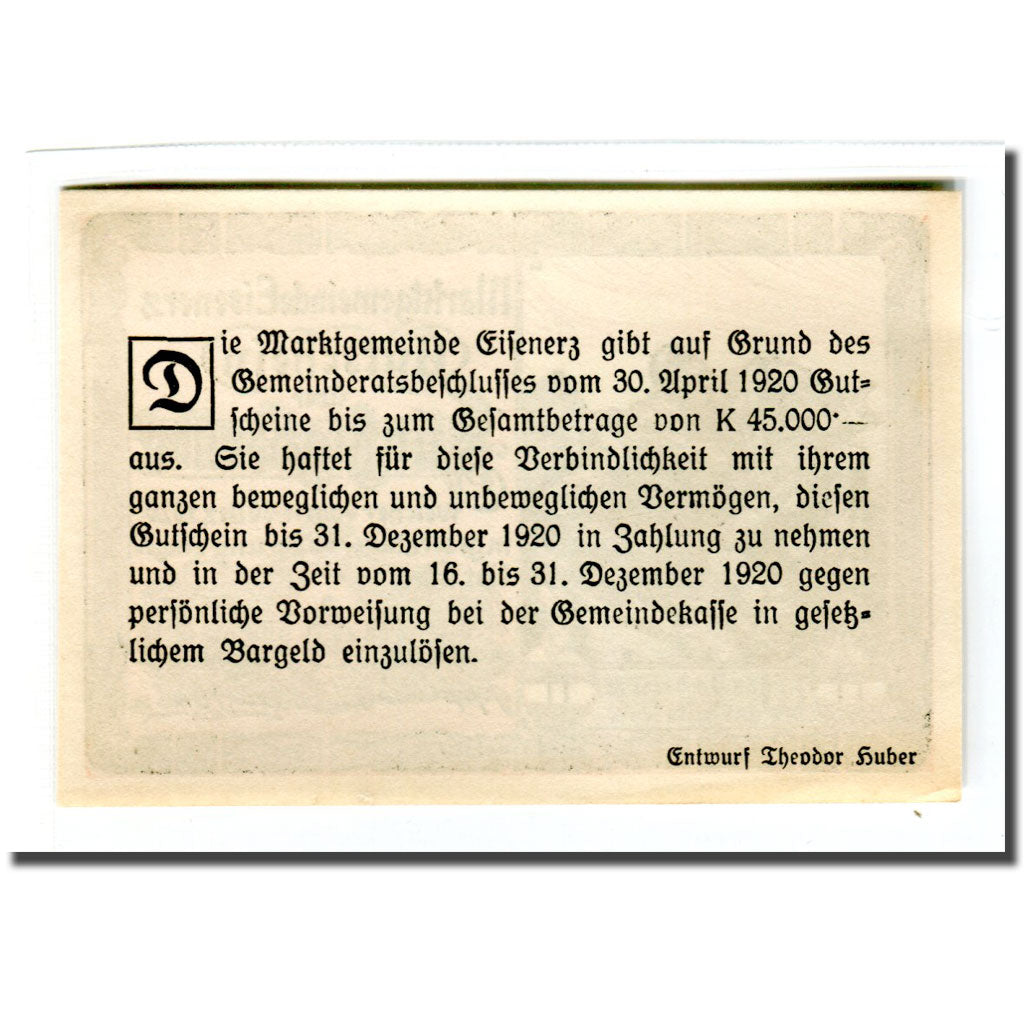 Billet, Autriche, Eisenerz, 50 Heller, texte 1, 1920, 1920-04-30, SPL, Mehl:169