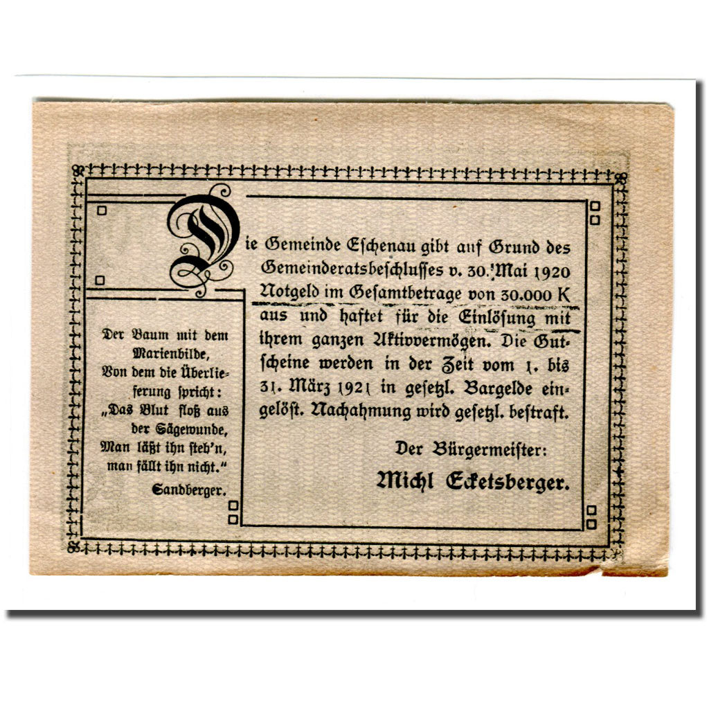 Geldschein, Österreich, Eschenau, 50 Heller, Texte, 1920, 1920-05-30, UNZ-