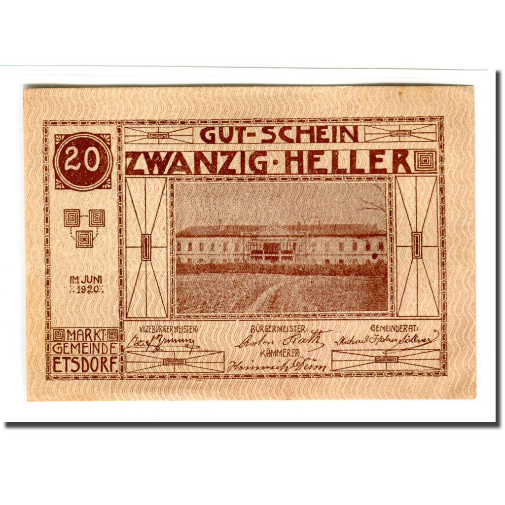 Banknote, Austria, Etsdorf N.Ö. Gemeinde, 20 Heller, Texte, 1920, UNC(63)