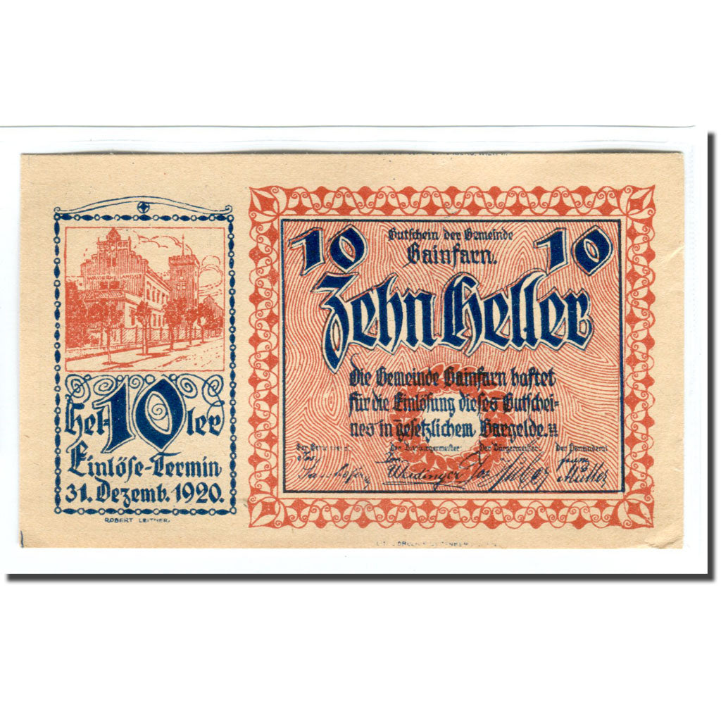 Banknote, Austria, Gainfarn, 10 Heller, Blason, 1920, 1920-05-26, UNC(63)