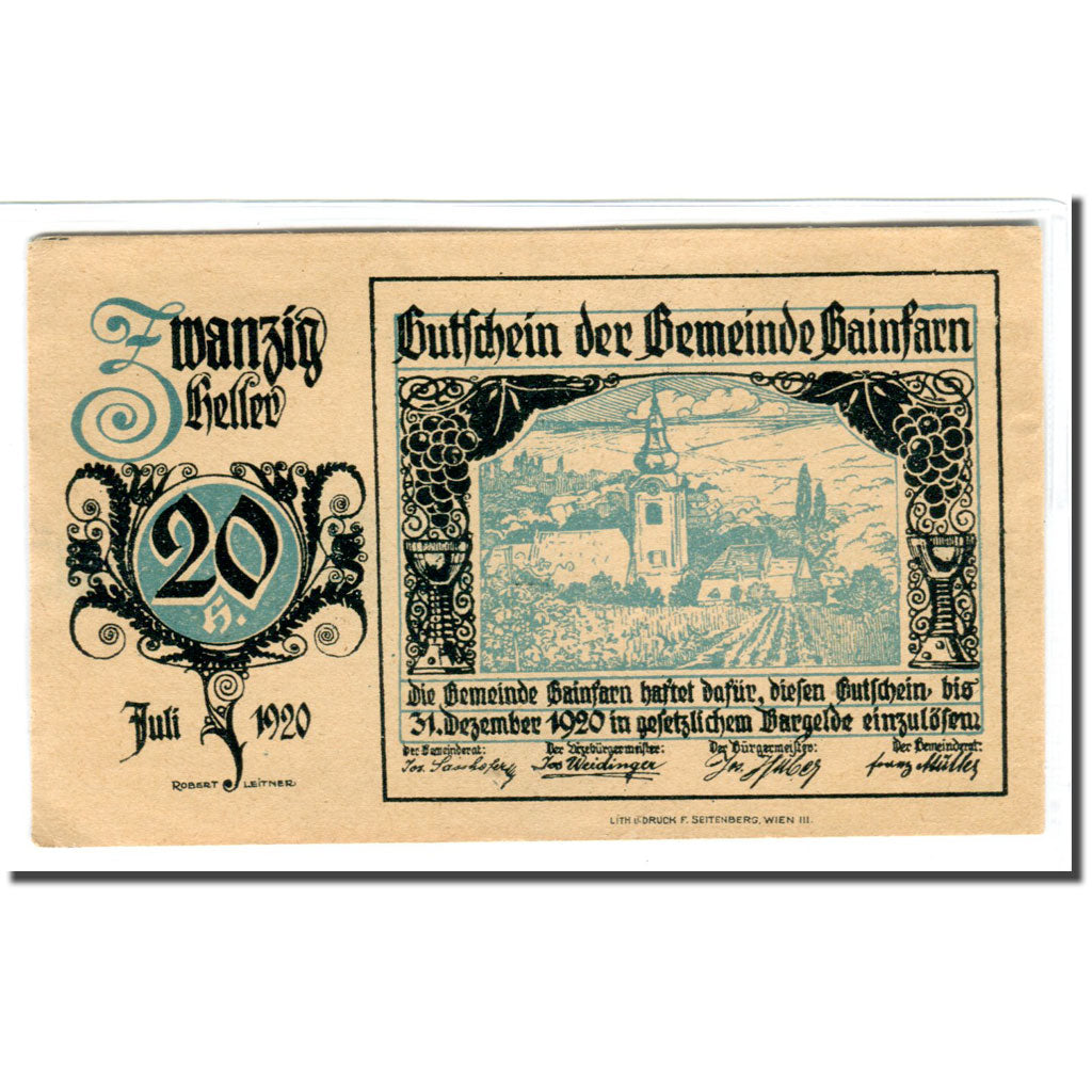 Nota, Áustria, Gainfarn, 20 Heller, Blason 1, 1920, 1920-05-26, UNC(63)