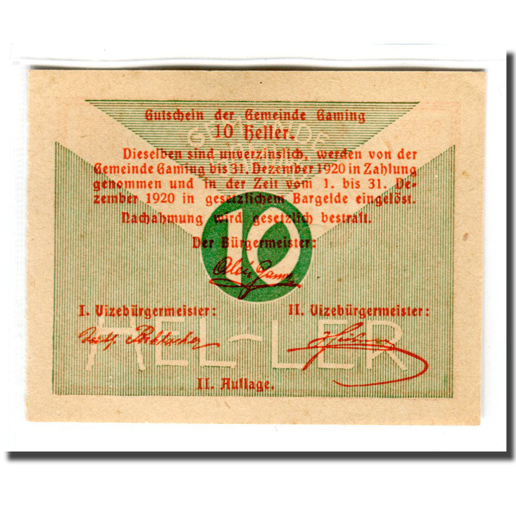 Nota, Áustria, Gaming, 10 Heller, Texte, 1920, UNC(63), Mehl:220b