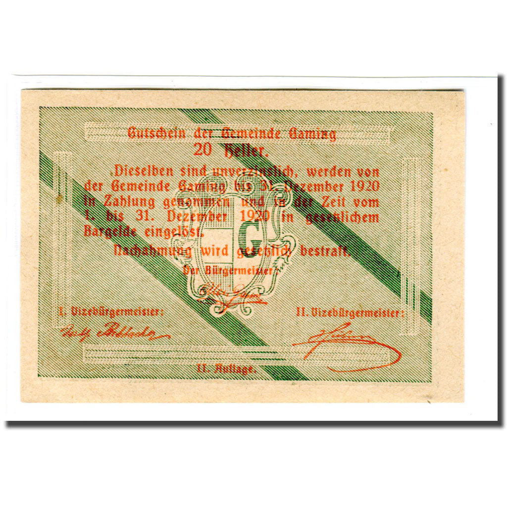 Geldschein, Österreich, Gaming, 20 Heller, texte 1, 1920, UNZ-, Mehl:220b