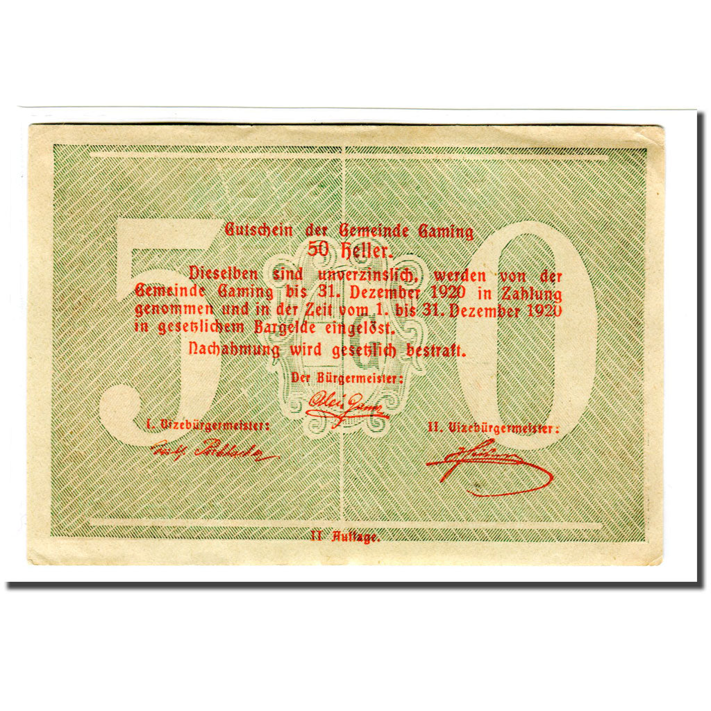 Banknote, Austria, Gaming, 50 Heller, Texte 2, 1920, UNC(63), Mehl:220b