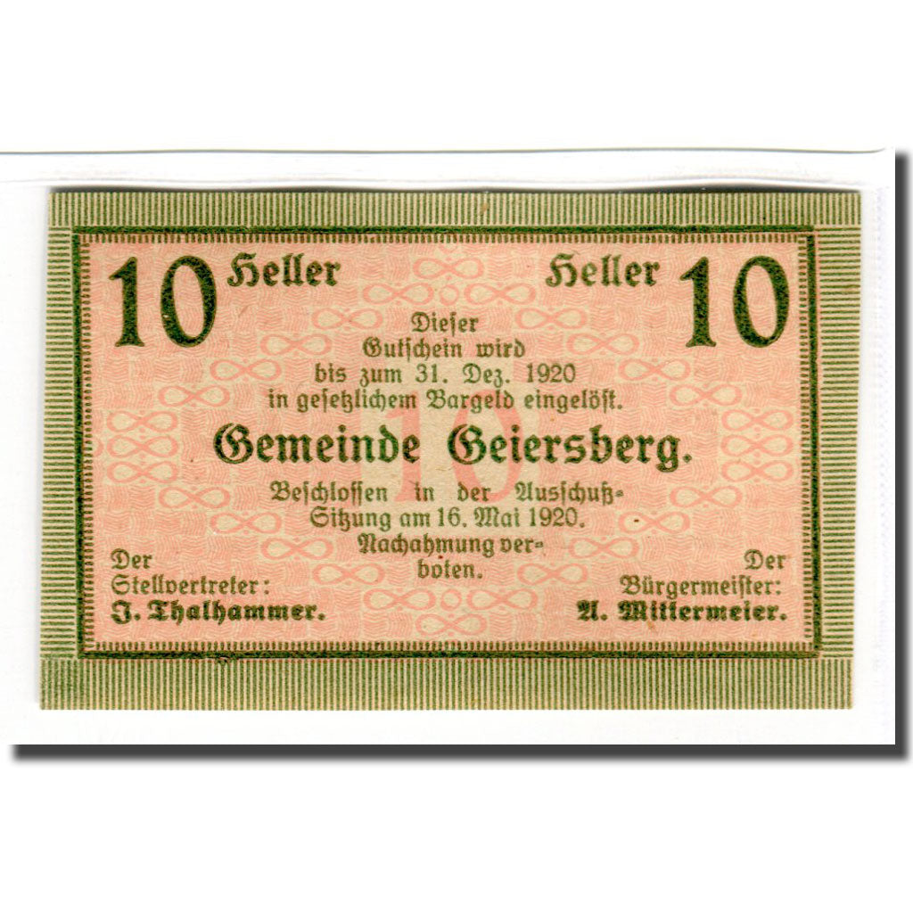Billete, Austria, Geiersberg, 10 Heller, Texte, 1920, SC, Mehl:227a