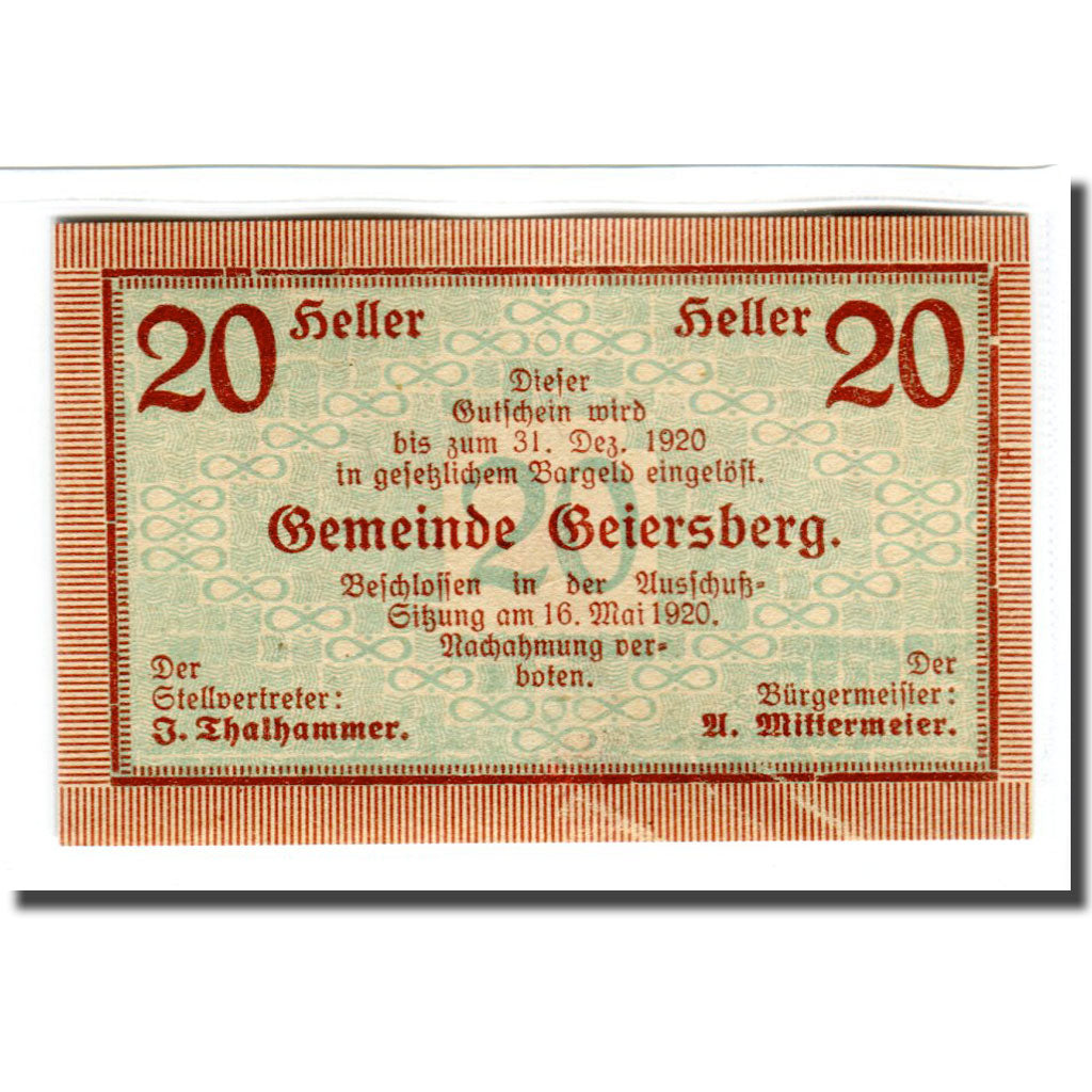 Geldschein, Österreich, Geiersberg, 20 Heller, texte 1, 1920, UNZ-, Mehl:227a