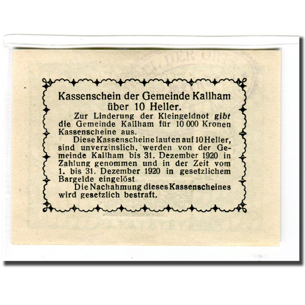 Banknote, Austria, Kallham, 10 Heller, Texte, 1920, UNC(63), Mehl:422a