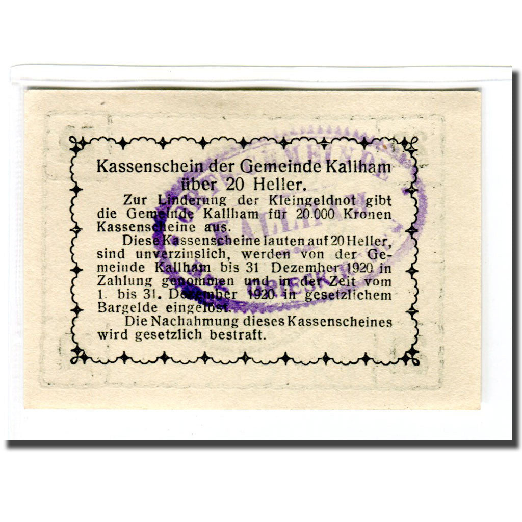 Biljet, Oostenrijk, Kallham, 20 Heller, texte 1, 1920, SPL, Mehl:422a